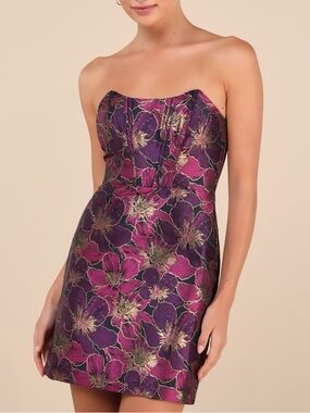 Lulus Black Floral Jacquard Strapless Mini Dress Purple Gold Corset - Size XL